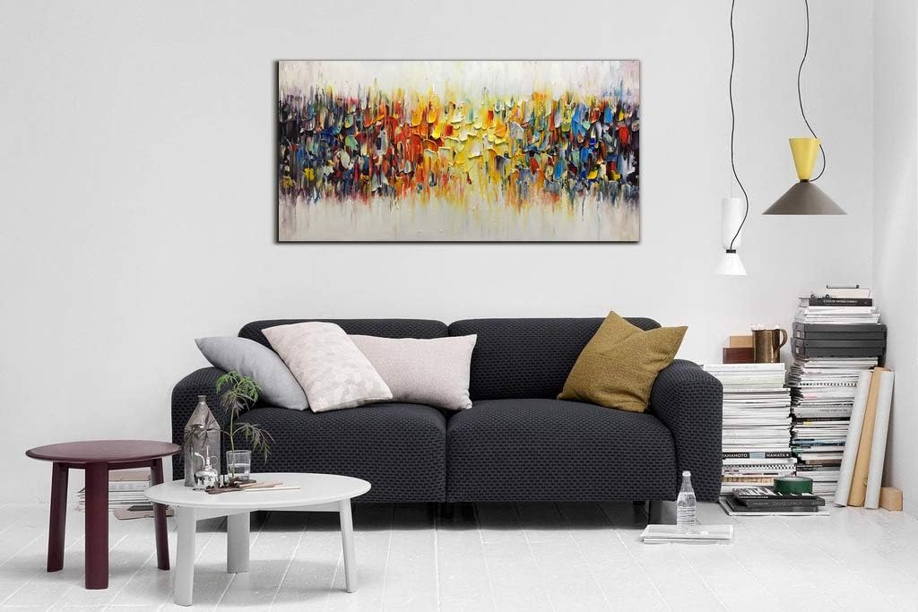 AMEI Art,24x48Inch Hand Painted Abstract Knife Oil Painting Yellow White Textured Wall Art Colorful Modern Artwork Handmade Acrylic Painting Stretched and Framed Ready to Hang