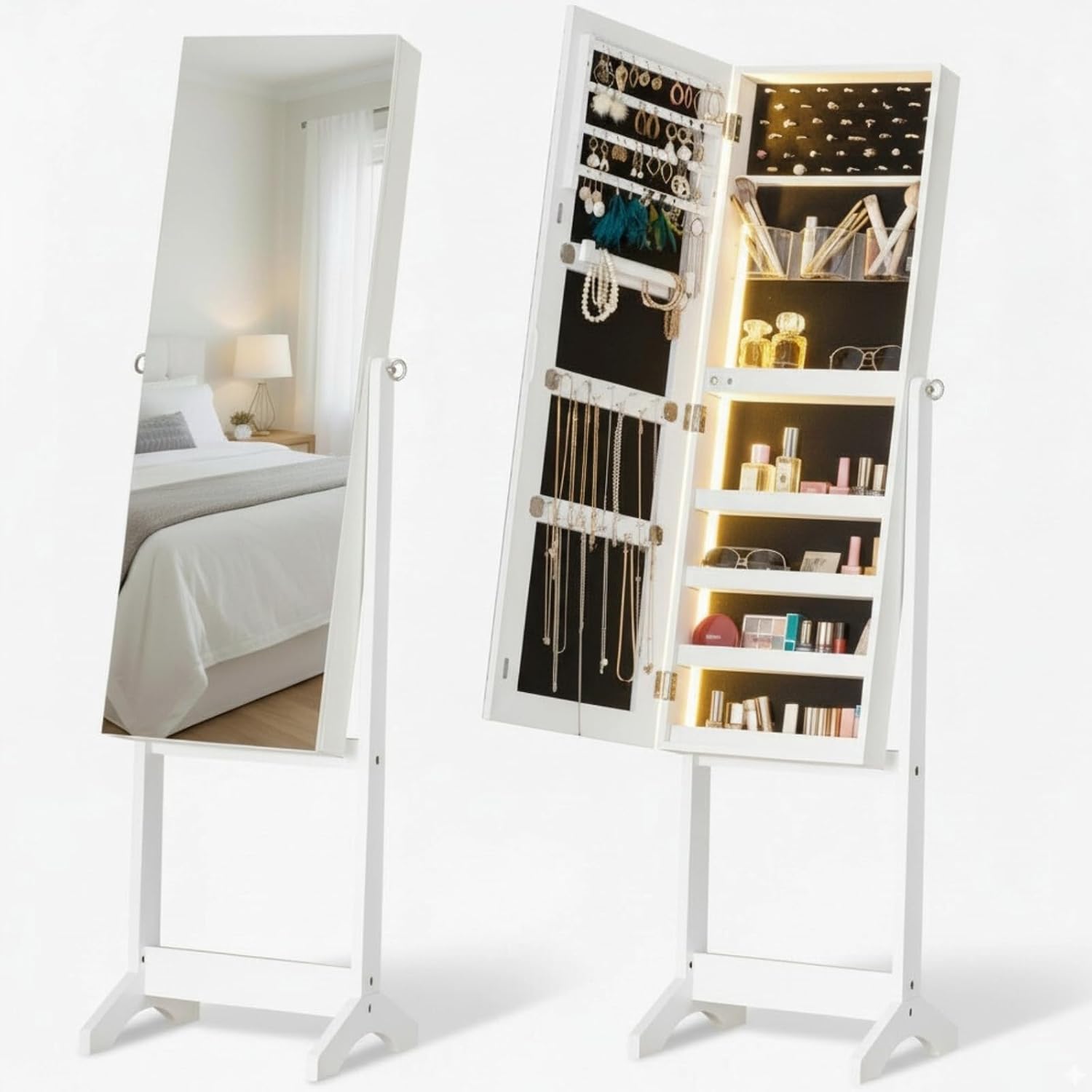 BTEXPERT Large Storage Jewelry Mirror Organizer with Frameless Free Standing Jewelry Cabinet White