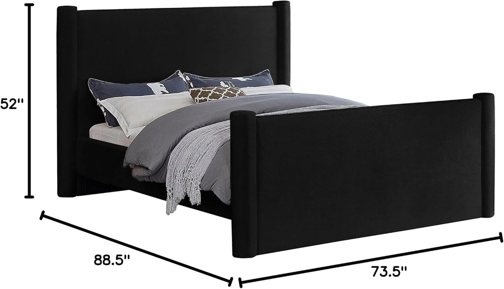 Meridian Furniture B1298Black-Q Elias Collection Modern | Contemporary Queen Bed with Soft Black Velvet, Solid Wood Inner Frame, 73.5' W x 88.5' D x 52' H, Black, Queen