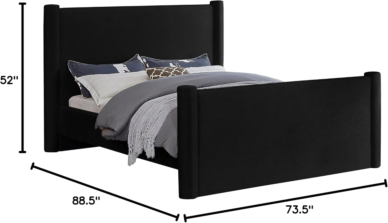 Meridian Furniture B1298Black-Q Elias Collection Modern | Contemporary Queen Bed with Soft Black Velvet, Solid Wood Inner Frame, 73.5' W x 88.5' D x 52' H, Black, Queen