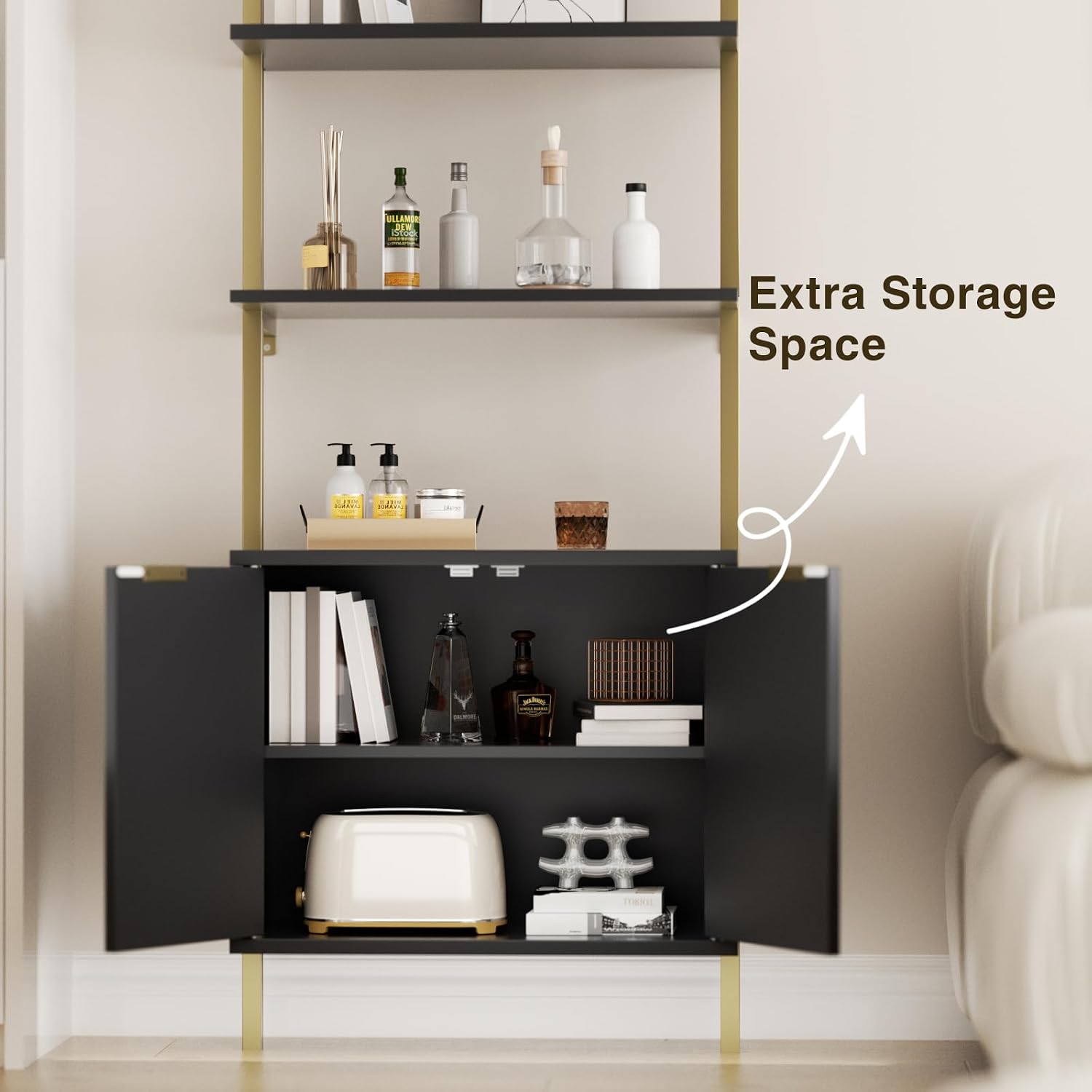 Halitaa Set of 2 Black & Gold Ladder Shelf with Storage Cabinet, Modern Ladder Bookshelf with Doors, Wall Mount Bookcase with Metal Frame, Display Shelves for Living/Bed/Bathroom, Home Office