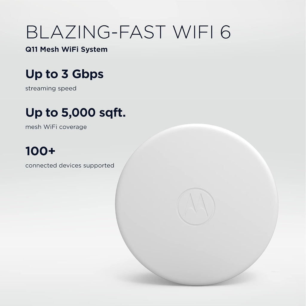 Motorola Q11 Mesh WiFi 6 Router 3 Pack | Fast, Reliable WiFi, Quick Easy Setup, Auto Security, Parental Controls, Advanced Motosync App | Replaces Router and Extender | AX3000