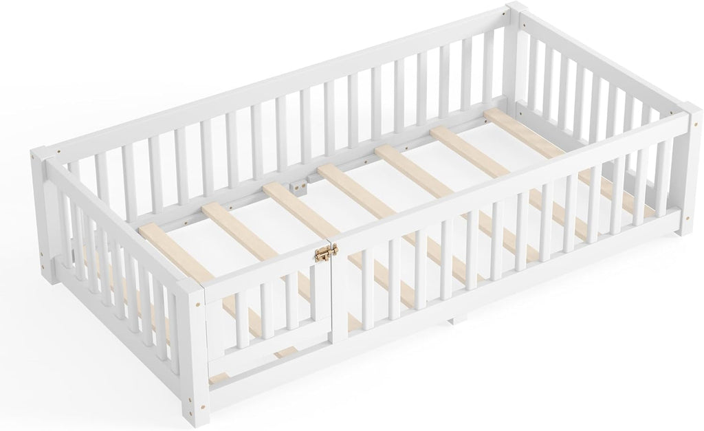 Bellemave Twin Size Floor Bed Frame with Fence and Door for Kids, Montessori Floor Bed with Slats and Safety Guardrails,Solid Wood Twin Bed Frame for Girls Boys,White