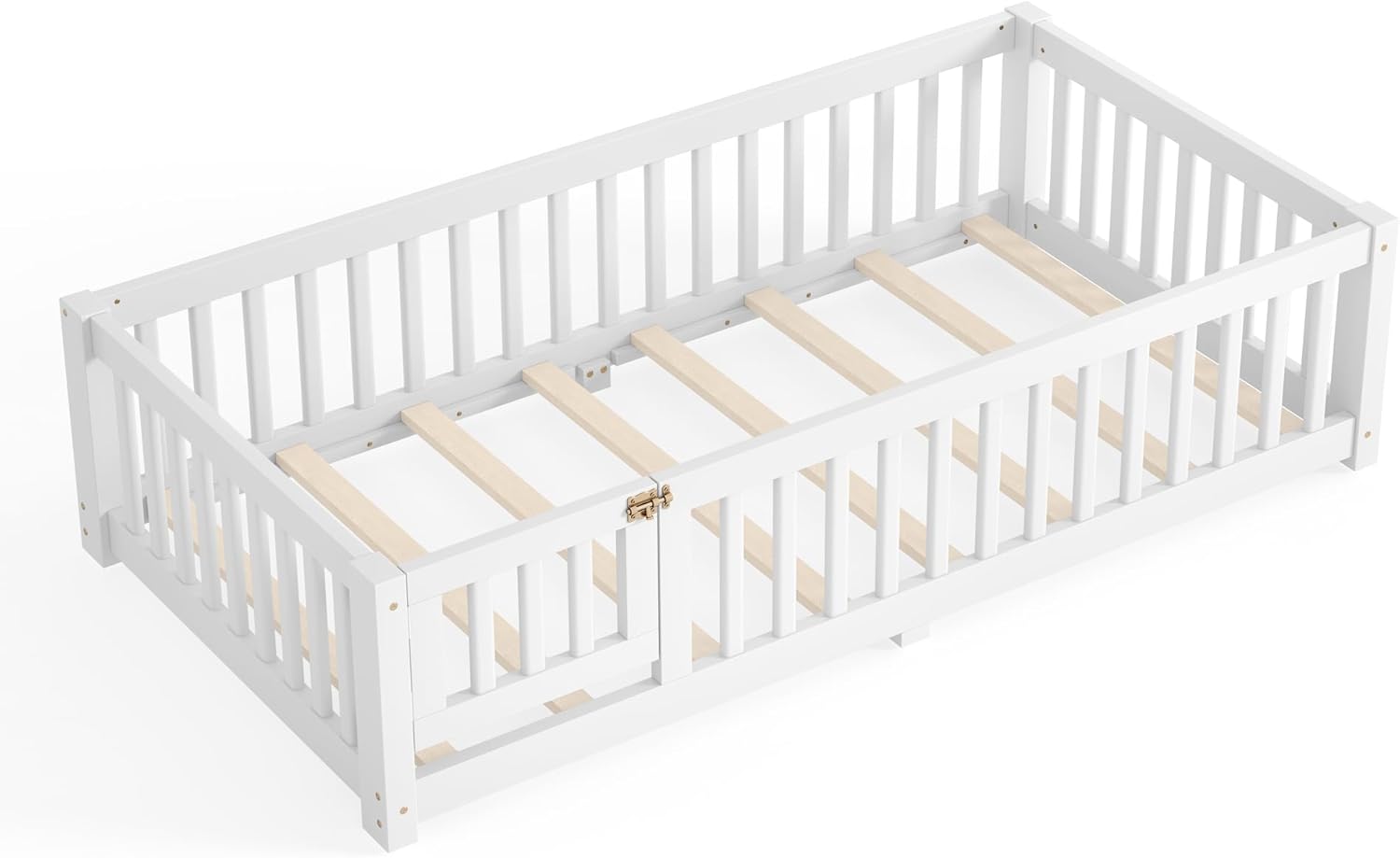 Bellemave Twin Size Floor Bed Frame with Fence and Door for Kids, Montessori Floor Bed with Slats and Safety Guardrails,Solid Wood Twin Bed Frame for Girls Boys,White
