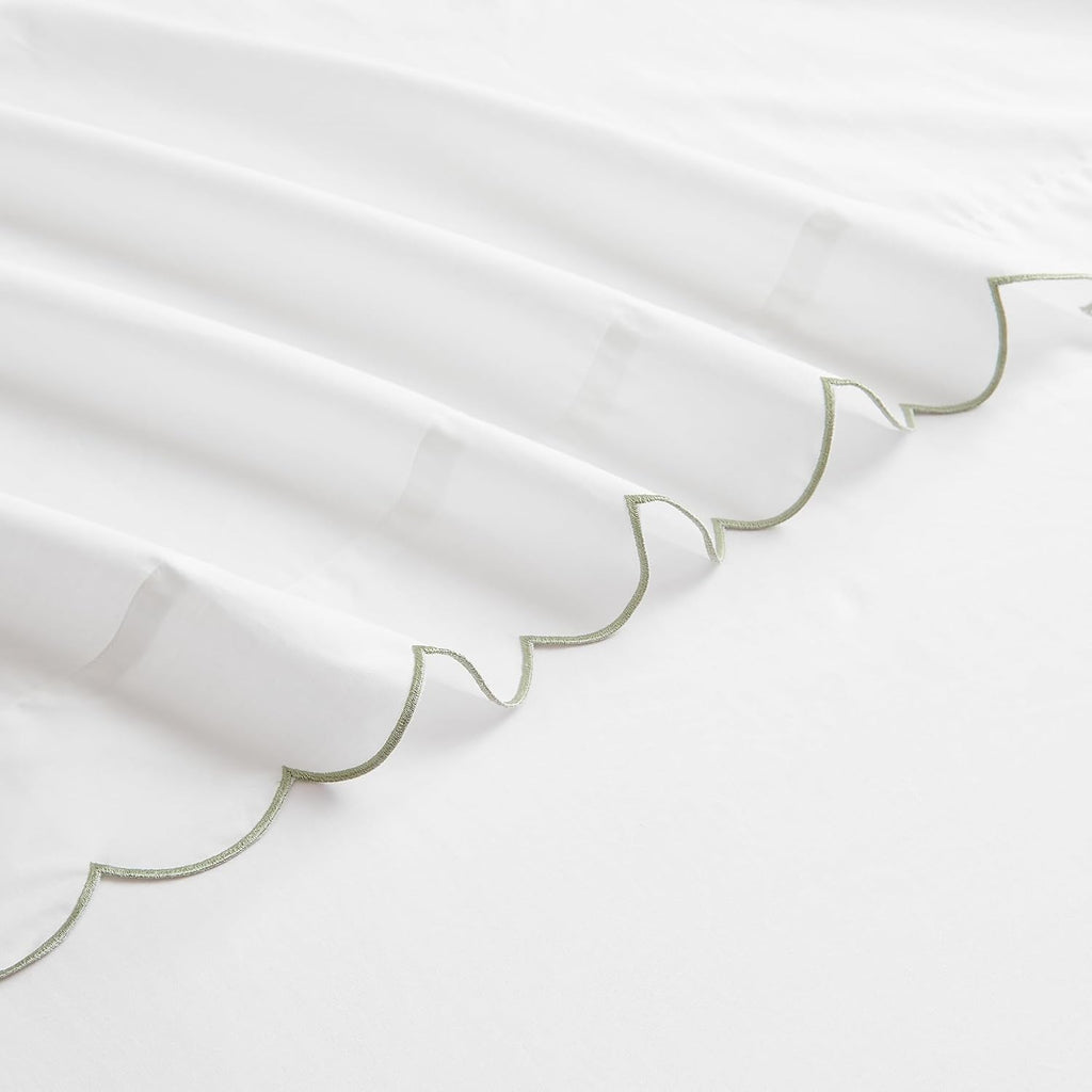 Lush Decor Coastal Chic Scalloped Edge Cotton Sheet Set 4 Piece Set Queen Sage - White Sheets - Scallop Trim - Bed Sheets - Coastal Decor
