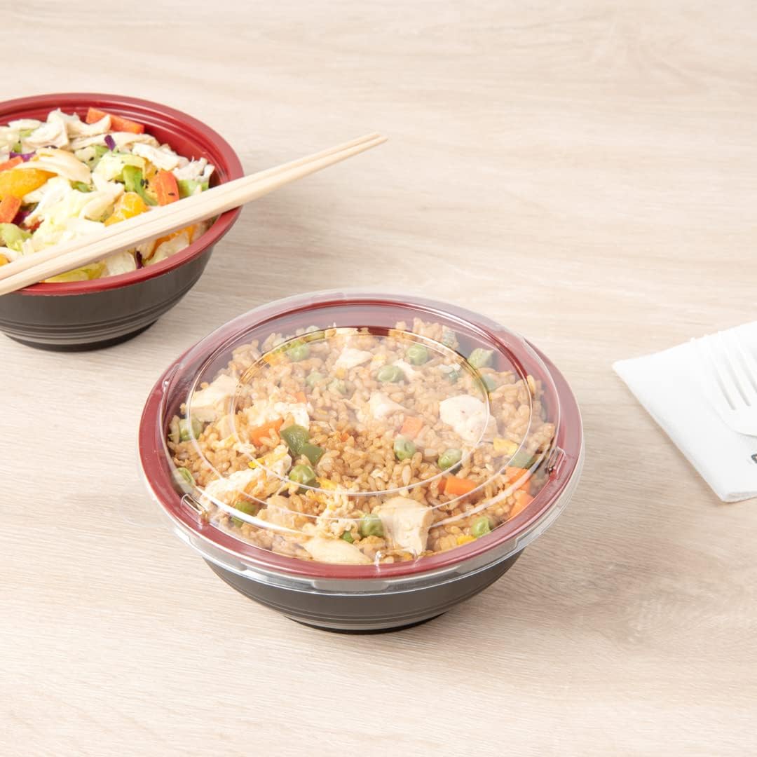 24 Ounce Food Containers, 200 Disposable Salad Bowls - Lids Included, Microwavable, Black And Red Plastic To Go Bowls, Asian Inspired, Perfect For Picnics, Or Take Outs - Restaurantware