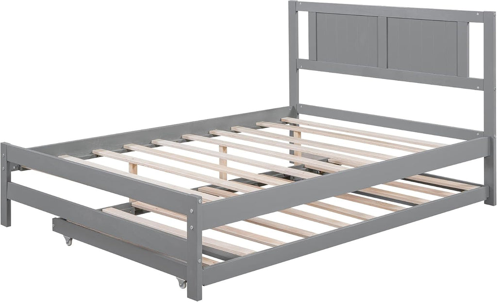 Merax Full Size Wooden Platform Bed with Headboard and Twin Size Adjustable Trundle for Kids, Gray Full Bed with Wood Slats Support for Kidsroom or Bedroom, No Box Spring Needed