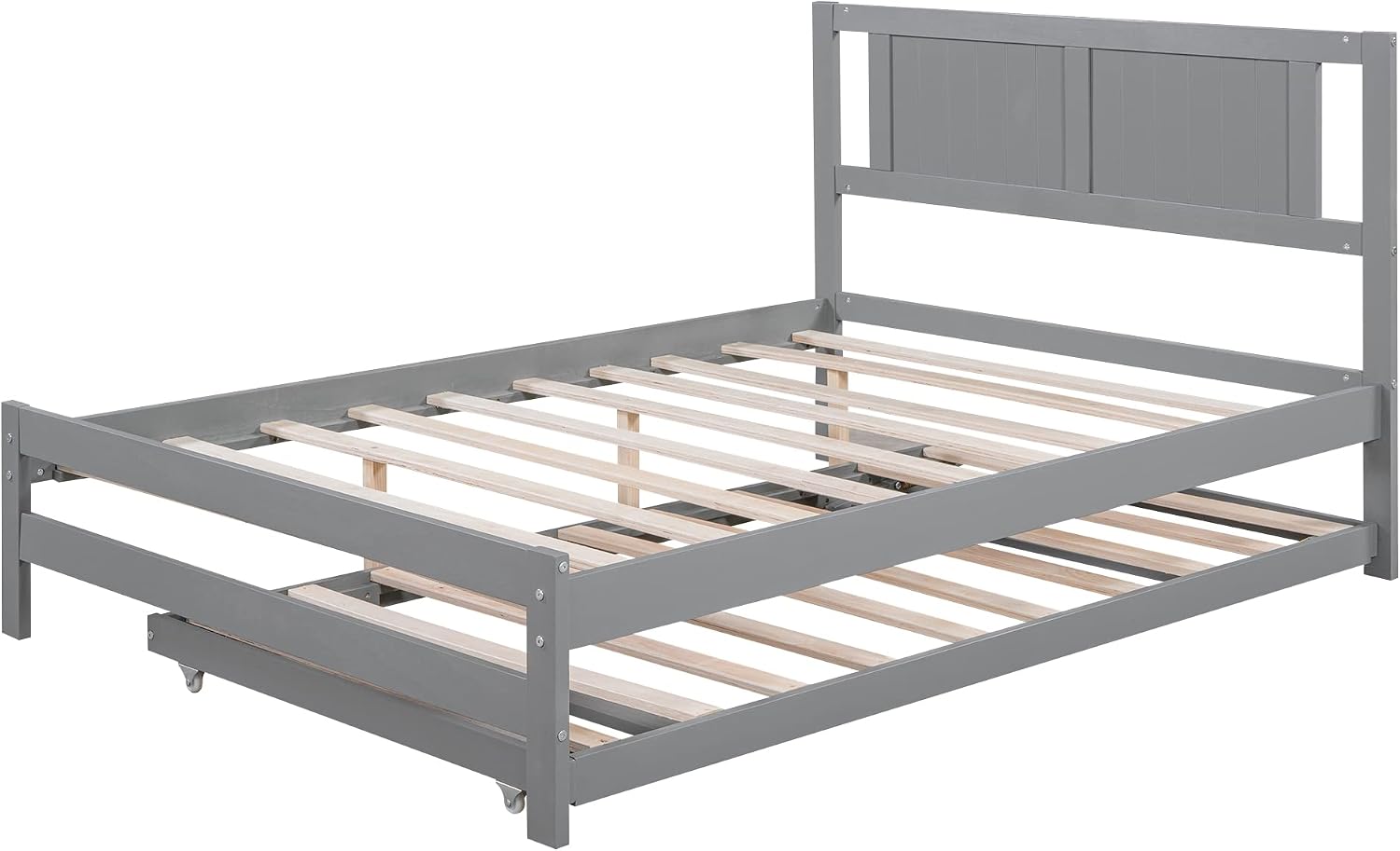 Merax Full Size Wooden Platform Bed with Headboard and Twin Size Adjustable Trundle for Kids, Gray Full Bed with Wood Slats Support for Kidsroom or Bedroom, No Box Spring Needed