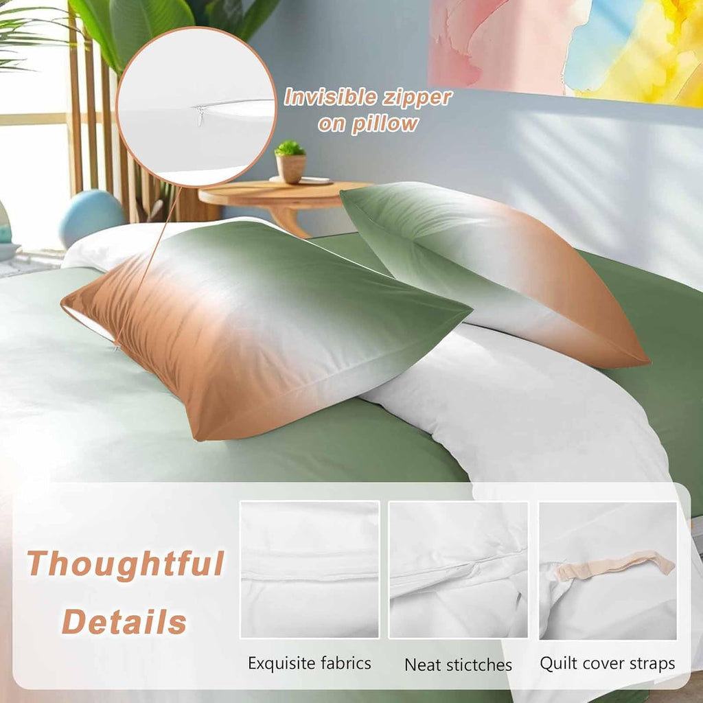 Bohemian Gradient Sage Green Duvet Cover Set Queen Size 4 Pieces Modern Minimalist Green Orange Ocean Beach Bedding Set with Zipper Closure,1 Comforter Cover 92x106 Inches 1 Flat Sheet&2 Pillow Cases