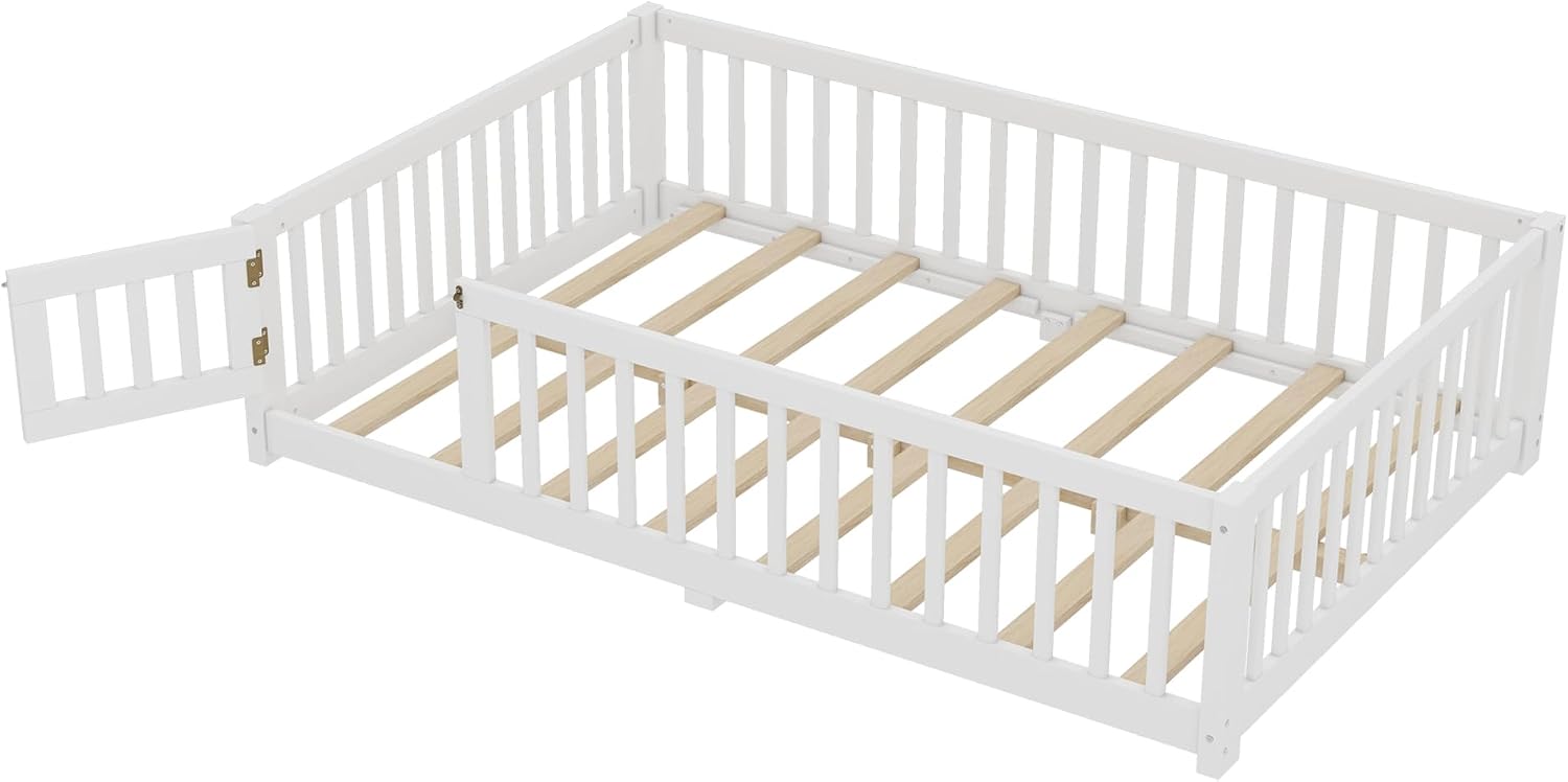 Bellemave Full Size Floor Bed Frame with Fence and Door for Kids, Montessori Floor Bed with Slats and Safety Guardrails,Solid Wood Full Bed Frame for Girls Boys,White