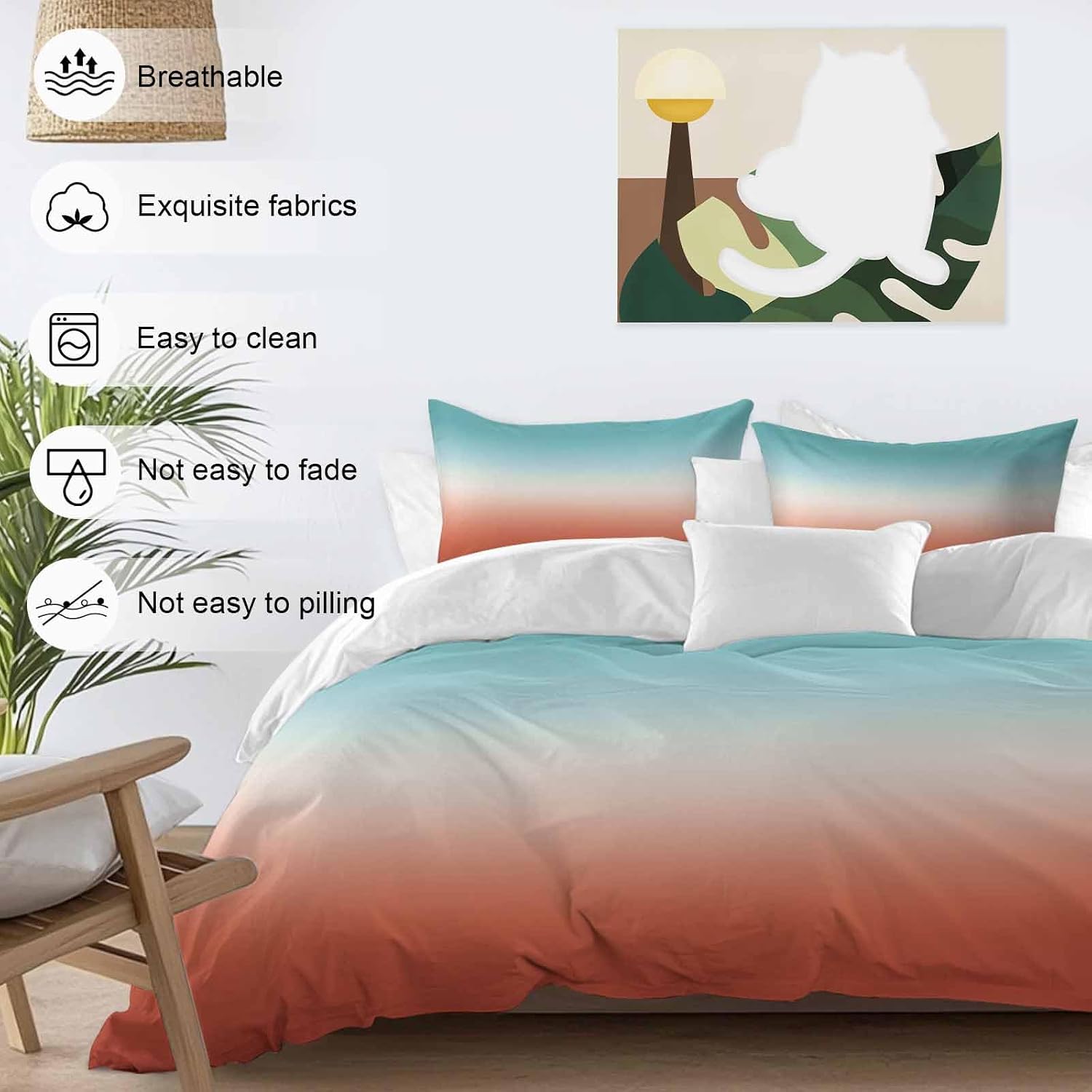 Gradient Orange Duvet Cover Set Queen Size 4 Pieces Modern Minimalist Green Orange Red Ocean Beach Bedding Set with Zipper Closure, 1 Comforter Cover 90x92 Inches 1 Flat Sheet & 2 Pillow Cases