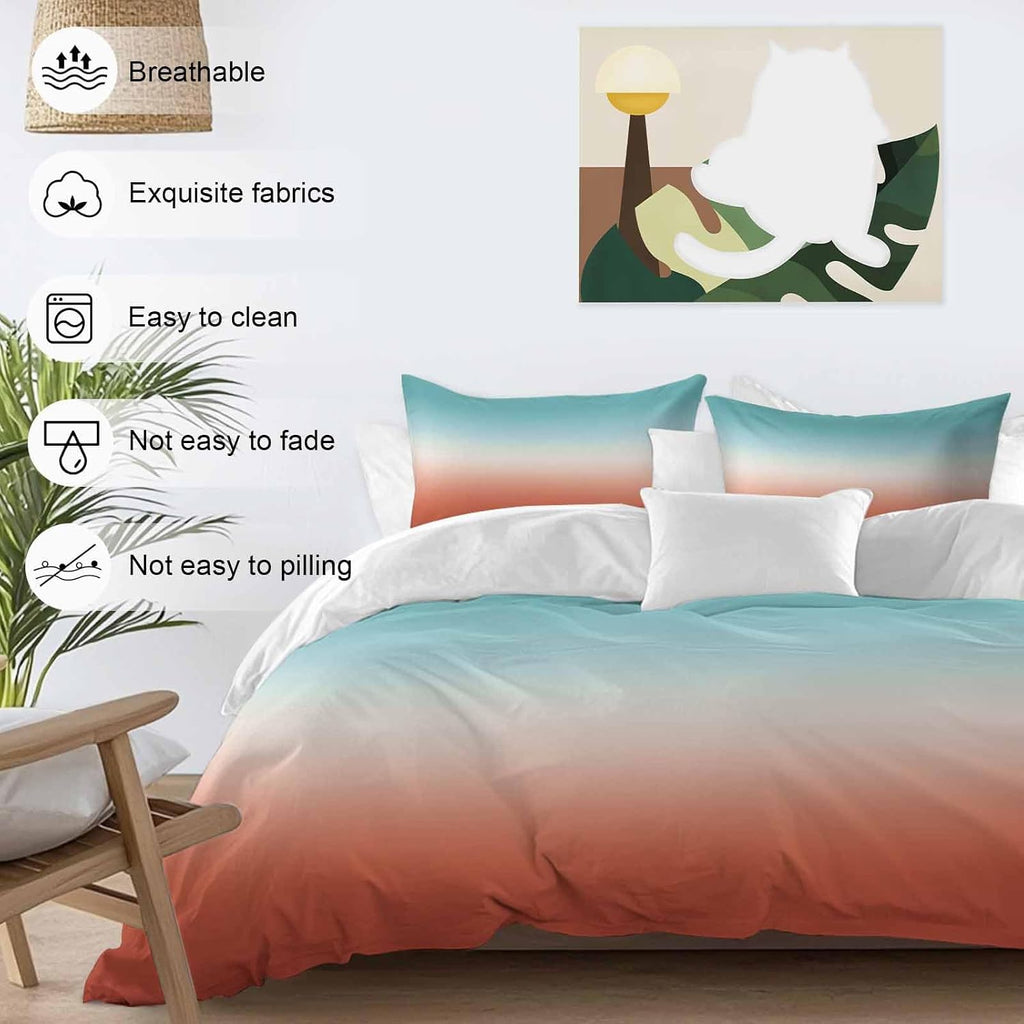 Gradient Orange Duvet Cover Set Queen Size 4 Pieces Modern Minimalist Green Orange Red Ocean Beach Bedding Set with Zipper Closure, 1 Comforter Cover 86x86 Inches 1 Flat Sheet & 2 Pillow Cases