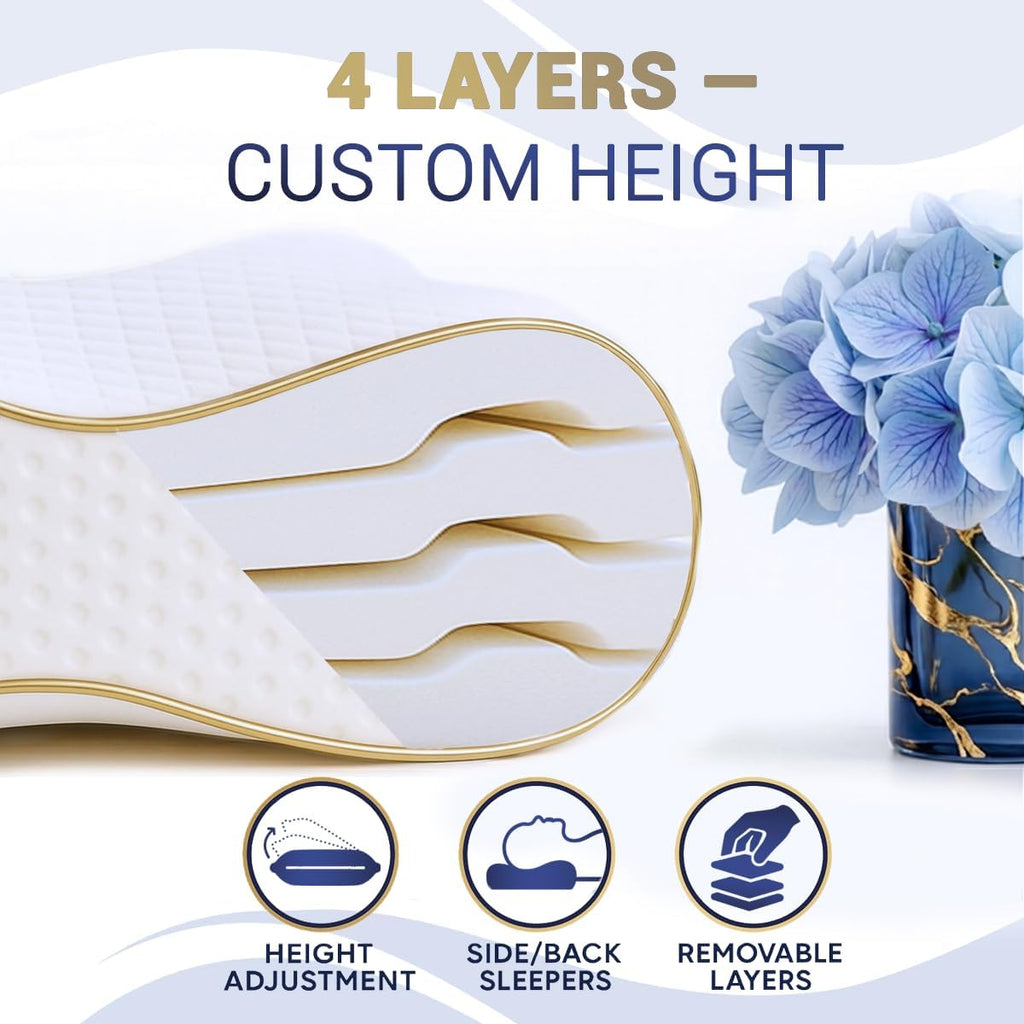 Cervical Memory Foam Pillow-(2 Pack) 4-Layer Adjustable King Size Contour Design for Side Sleepers, Neck Support & Pain Relief, Orthopedic, CertiPUR-US Certified