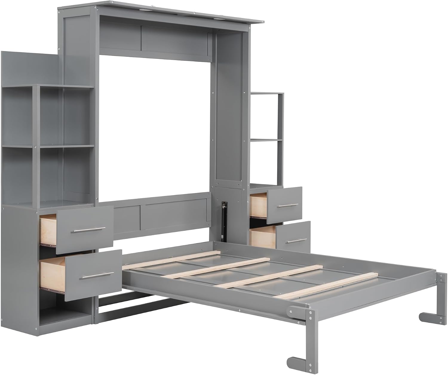 MERITLINE Full Murphy Bed with Storage Drawers,LED Lights and Storage Bookcase Shelves,Wood Murphy Wall Bed Cabinet with LED for Adults