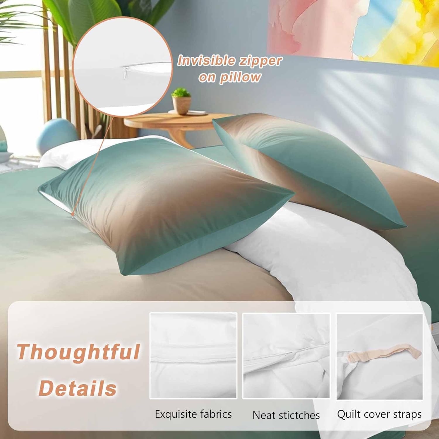Prime Leader Gradient Green Duvet Cover Set Queen Size 4 Pieces Modern Minimalist Brown Green Ocean Beach Bedding Set with Zipper Closure, 1 Comforter Cover 90x92 Inches 1 Flat Sheet & 2 Pillow Cases