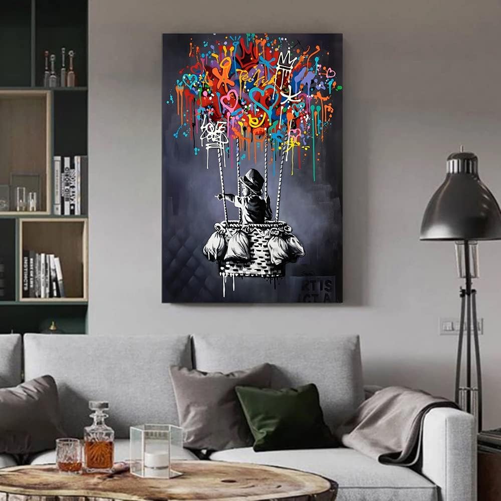 Framed Banksy Street Graffiti Wall Art Decor Large Abstract Pictures Canvas Painting Prints Colorful Modern Contemporary Poster Artwork Stretched for Wall Home Bathroom Bedroom Living Room Ready Hang (Framed Decor Art-01, 28x42inch (70x105cm))