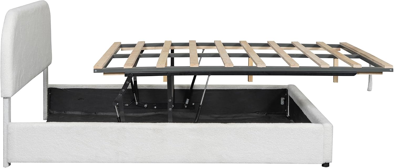 Upholstered Platform Bed with Hydraulic Storage System and Curved Shaped Headboard, Queen Size Wood Bed Frame for Kids Adults Bedroom Furniture, Teddy Fleece Thick Upholstered Bed Grounded Bed