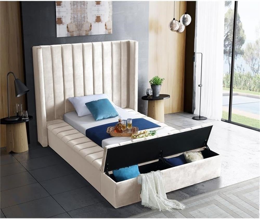 Meridian Furniture Kiki Collection Modern | Contemporary Velvet Upholsterd Bed with Channel Tufting, Siderails and Footboard Storage Compartments, Twin, Cream