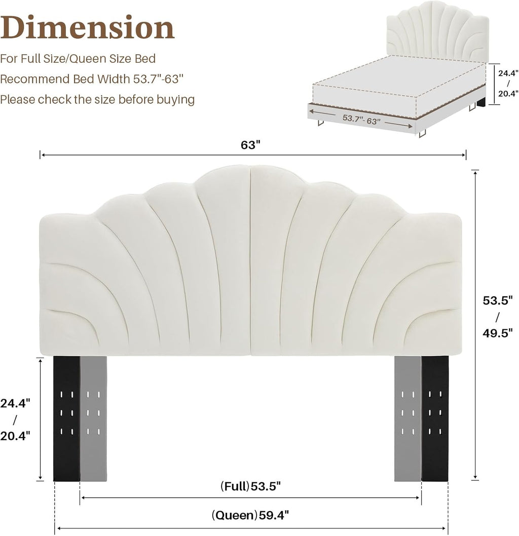 Upholstered Headboard Only Adjustable Bed Headboards Queen/Full Size, Tiara Crown Shape Headboards with Wood Legs, Velvet Petal Head Board Wall Protector for Dorm Bedroom, White