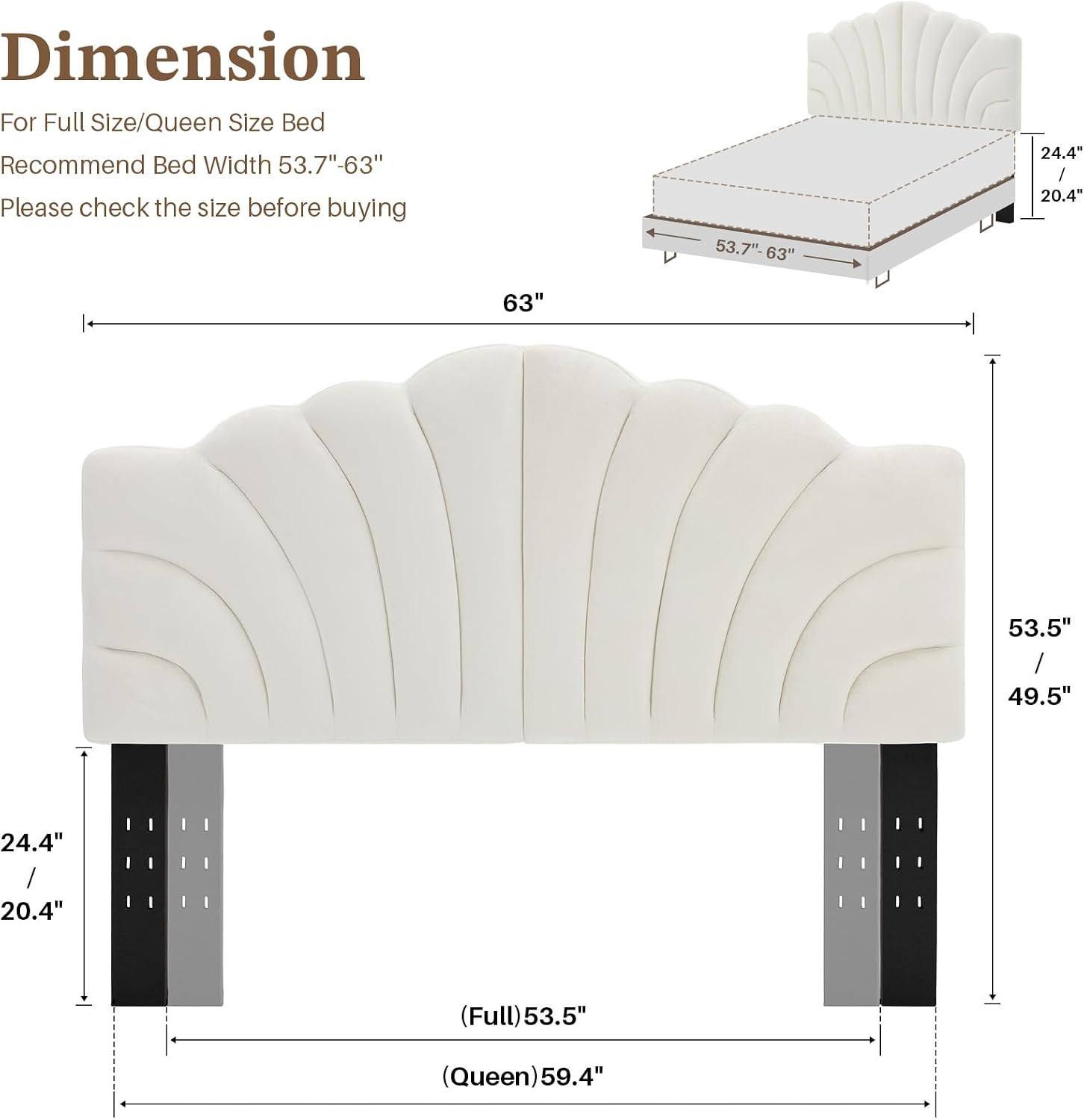 Upholstered Headboard Only Adjustable Bed Headboards Queen/Full Size, Tiara Crown Shape Headboards with Wood Legs, Velvet Petal Head Board Wall Protector for Dorm Bedroom, White