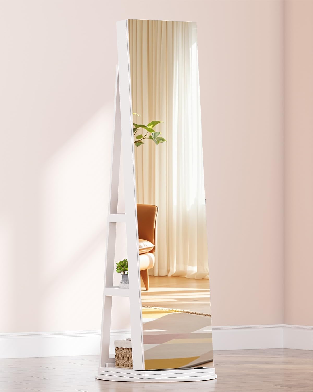 Vlsrka LED Mirror Jewelry Cabinet, Lockable Jewelry Armoire Cabinet Standing, Rotatable Full Length Mirror with Storage, Interior Mirror, Foldable Makeup Shelf, Beige Lining, White