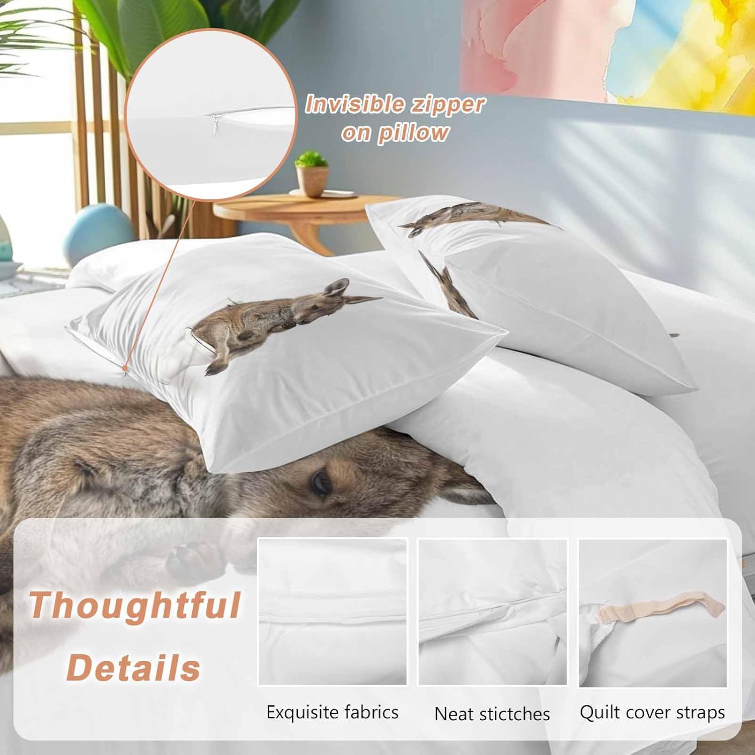 Kangaroo Sitting on The Toilet Thinking Duvet Cover Set Queen Size 4 Pieces Abstract Funny Animal Bedding Set with Zipper Closure, 1 Comforter Cover 86x86 Inches 1 Flat Sheet & 2 Pillow Cases