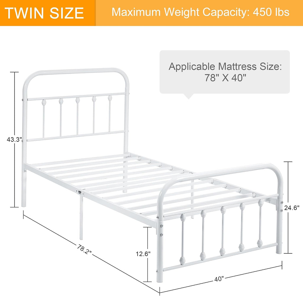 VECELO Twin Size Victorian Style Metal Bed Frame with Headboard Classic Metal Platform Bed Frame Mattress Foundation with Victorian Style Footboard/Under Bed Storage/No Box Spring White 2 Set