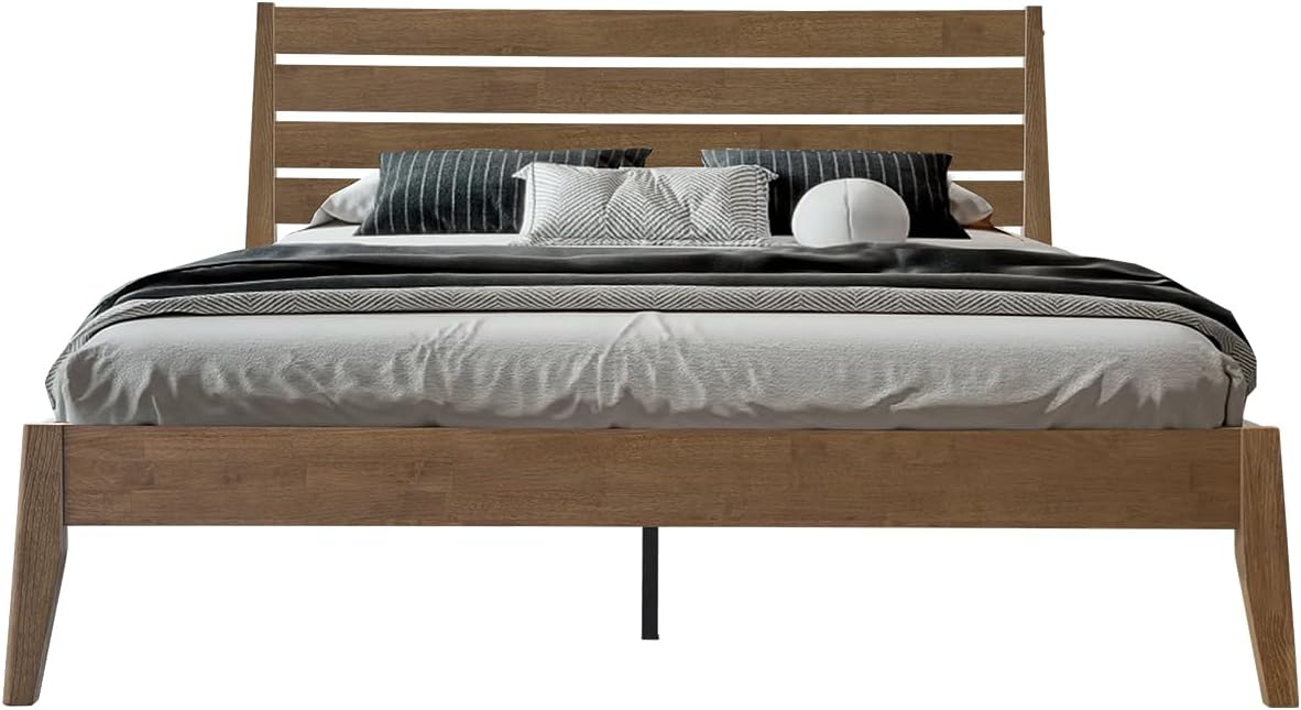 Queen Size Bed Frame, Solid Wood Platform Bed with Headboard & Footboard, Center Metal Legs, 12 Strong Slatted Base, No Box Spring Needed, Anti-Noise & Slip-Free Easy Assembly, Barnwood Finish RKQ-30