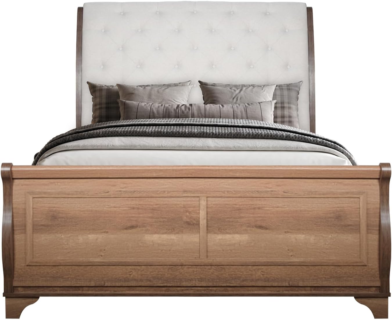 HomeStock Wood Bed Frame with Upholstered Headboard - Pecan Finish - Modern Rustic Bedroom Furniture Queen