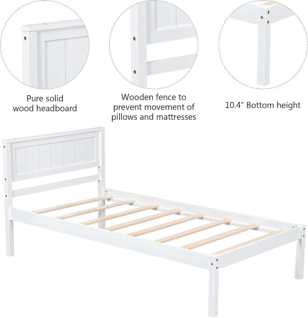 Wood Platform Bed, Bed Frame with Headboard, Wood Slat Support, No Box Spring Needed, Twin, White