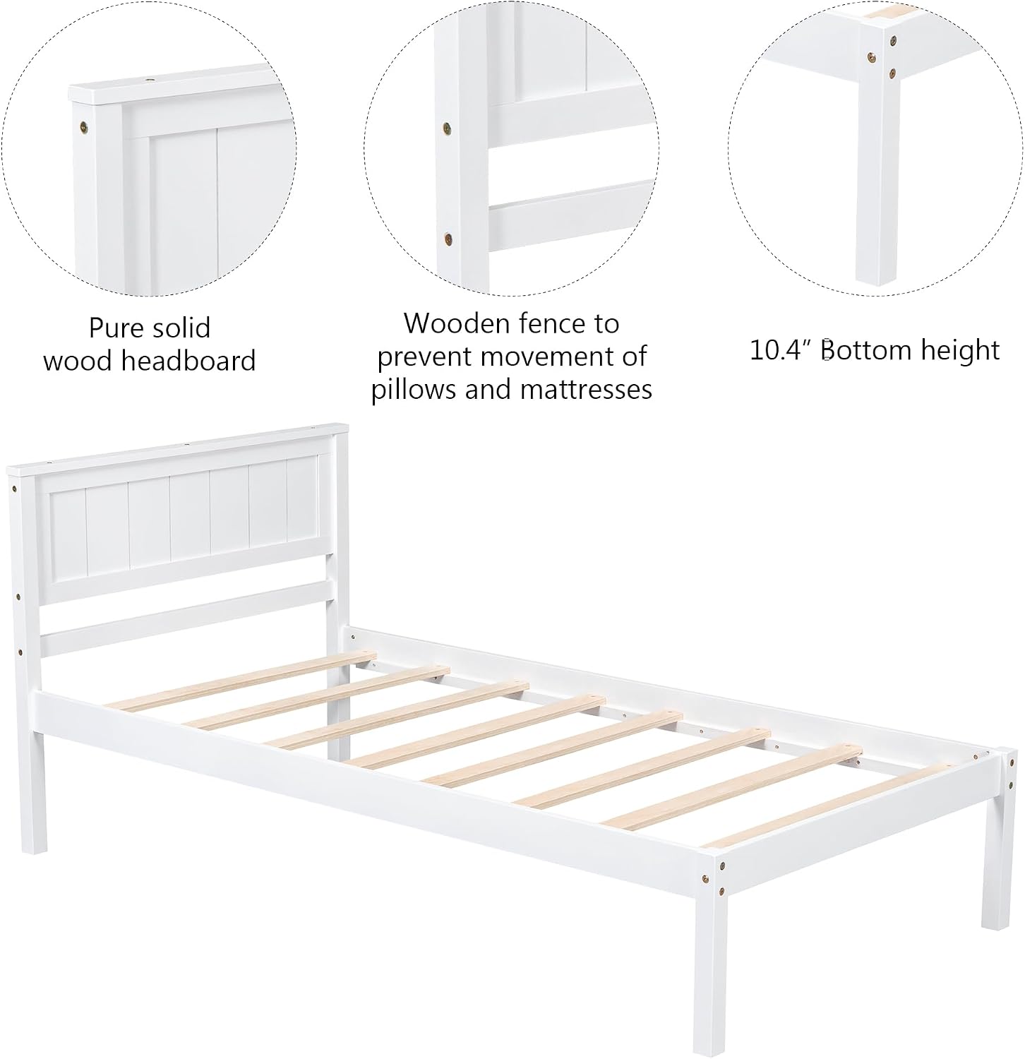 Wood Platform Bed, Bed Frame with Headboard, Wood Slat Support, No Box Spring Needed, Twin, White
