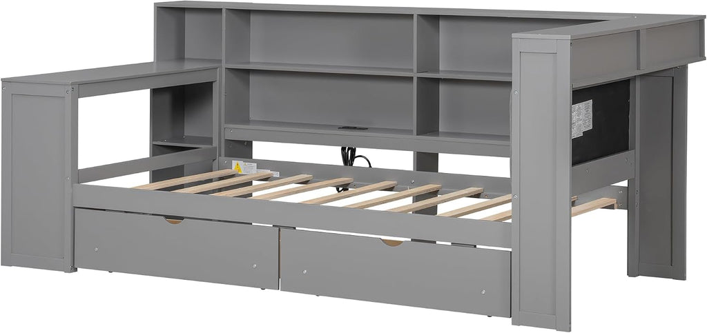Ball & Cast Wood Twin Size Platform Bed with Storage Shelves and Drawers,Cabinet Bed Frame w/Charging Station & Built-in Desk,Upholstered Headboard,Space-Saving,Furniture for Apartment,Grey+Grey