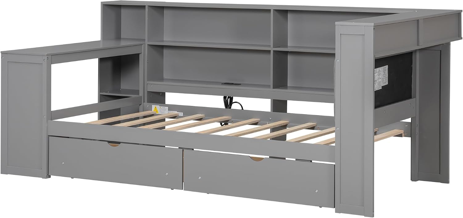Ball & Cast Wood Twin Size Platform Bed with Storage Shelves and Drawers,Cabinet Bed Frame w/Charging Station & Built-in Desk,Upholstered Headboard,Space-Saving,Furniture for Apartment,Grey+Grey