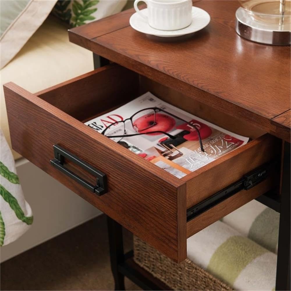 Bowery Hill 1 Drawer Nightstand, 28' H x 24' W x 16' D, Hardwood Solids and Oak Veneers, Mission Oak Finish, Blackened Metal Slats, Lower Display Shelf, Full Extension Drawer Guides, Bedroom Furniture