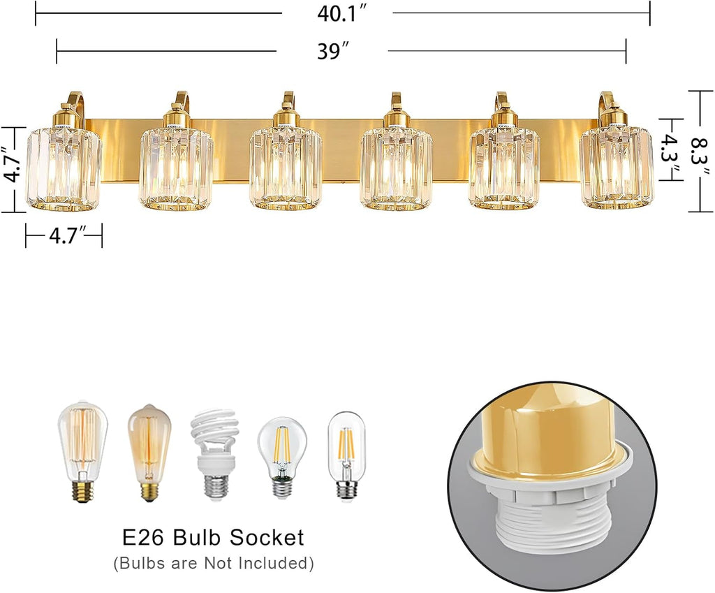 Modern Bathroom Vanity Light 6-Lights Brass Gold Vanity Light Crystal Wall Light Bathroom Light Fixtures with Round Shade (Exclude Bulb)