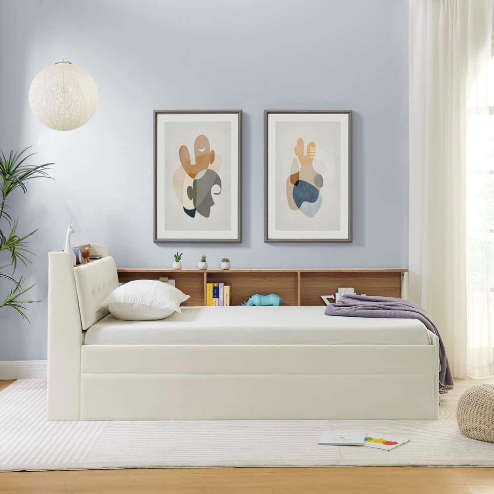 Corner Bed with Desk and Bookcase, LED Lights & USB Ports, Modern Twin to King Daybed with Pop Up Trundle, Velvet Upholstered Extendable Day Bed Kids Bedroom Furniture Set Small Places (Beige, Twin)
