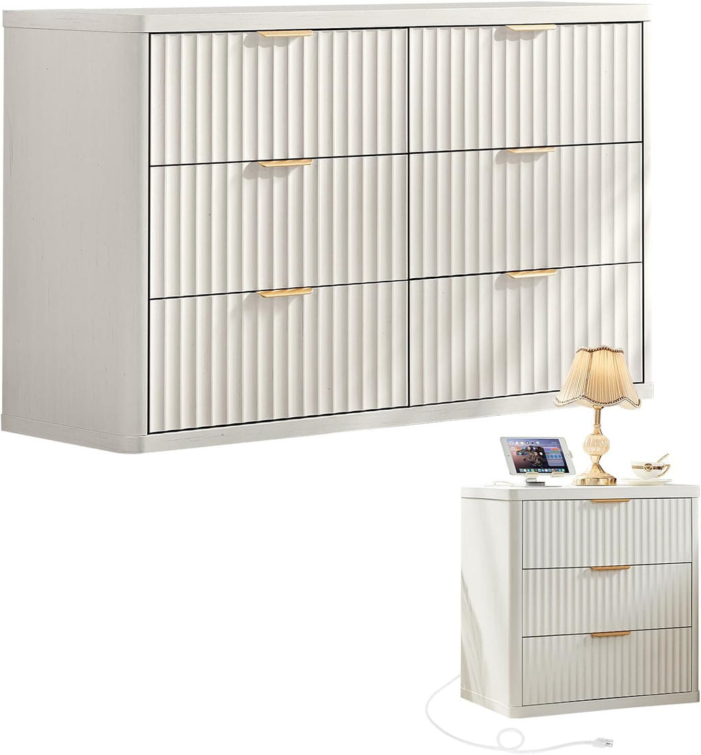 LEYAOYAO Fluted Dresser and Nightstand Sets, Wood 48' Wide Dresser & 23' Night Stand with Charging Station, 2 Piece Bedroom Furniture Set, Chest of Drawers for Bedroom,Living Room, Antique White