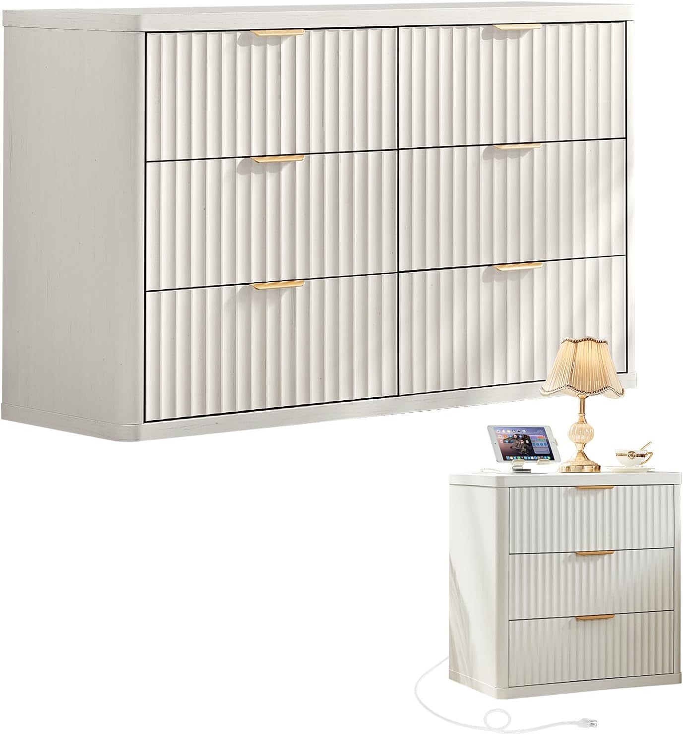 LEYAOYAO Fluted Dresser and Nightstand Sets, Wood 48' Wide Dresser & 23' Night Stand with Charging Station, 2 Piece Bedroom Furniture Set, Chest of Drawers for Bedroom,Living Room, Antique White
