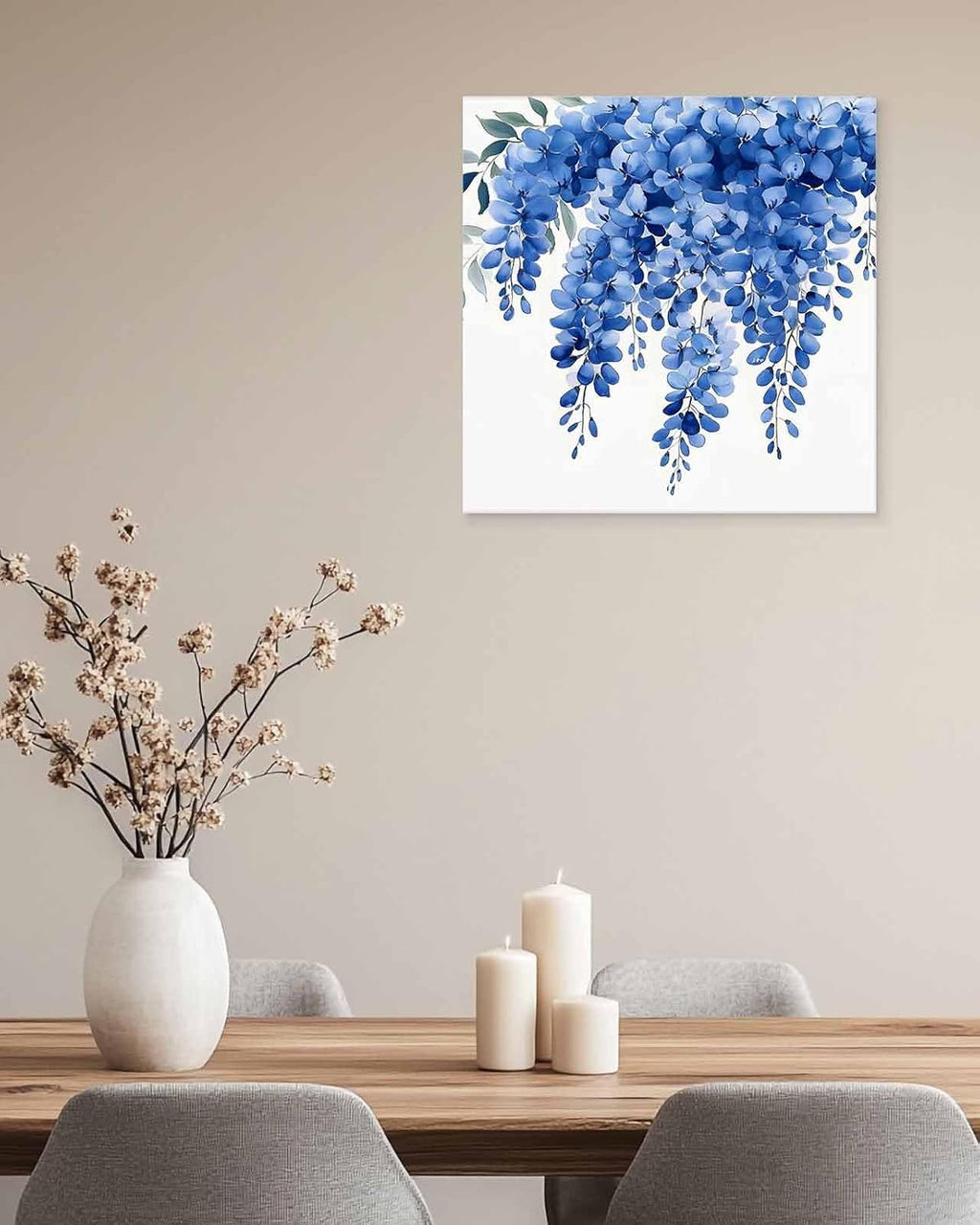 Blue Floral Canvas Wall Art - Vintage Watercolor Spring Gradient Blue Flowers Green Leaf - Modern Wall Decor Gallery Canvas Wraps Giclee Print Stretched and Framed Ready to Hang - 24' x 24'