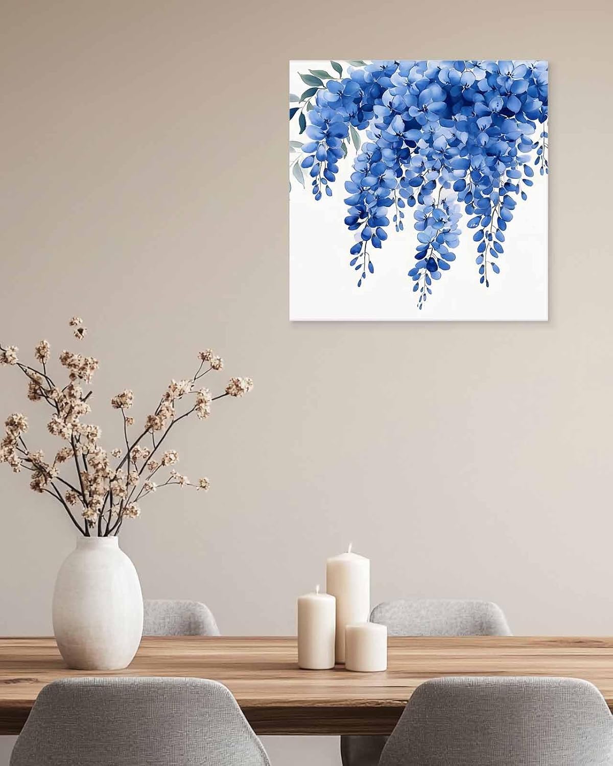 Blue Floral Canvas Wall Art - Vintage Watercolor Spring Gradient Blue Flowers Green Leaf - Modern Wall Decor Gallery Canvas Wraps Giclee Print Stretched and Framed Ready to Hang - 24' x 24'