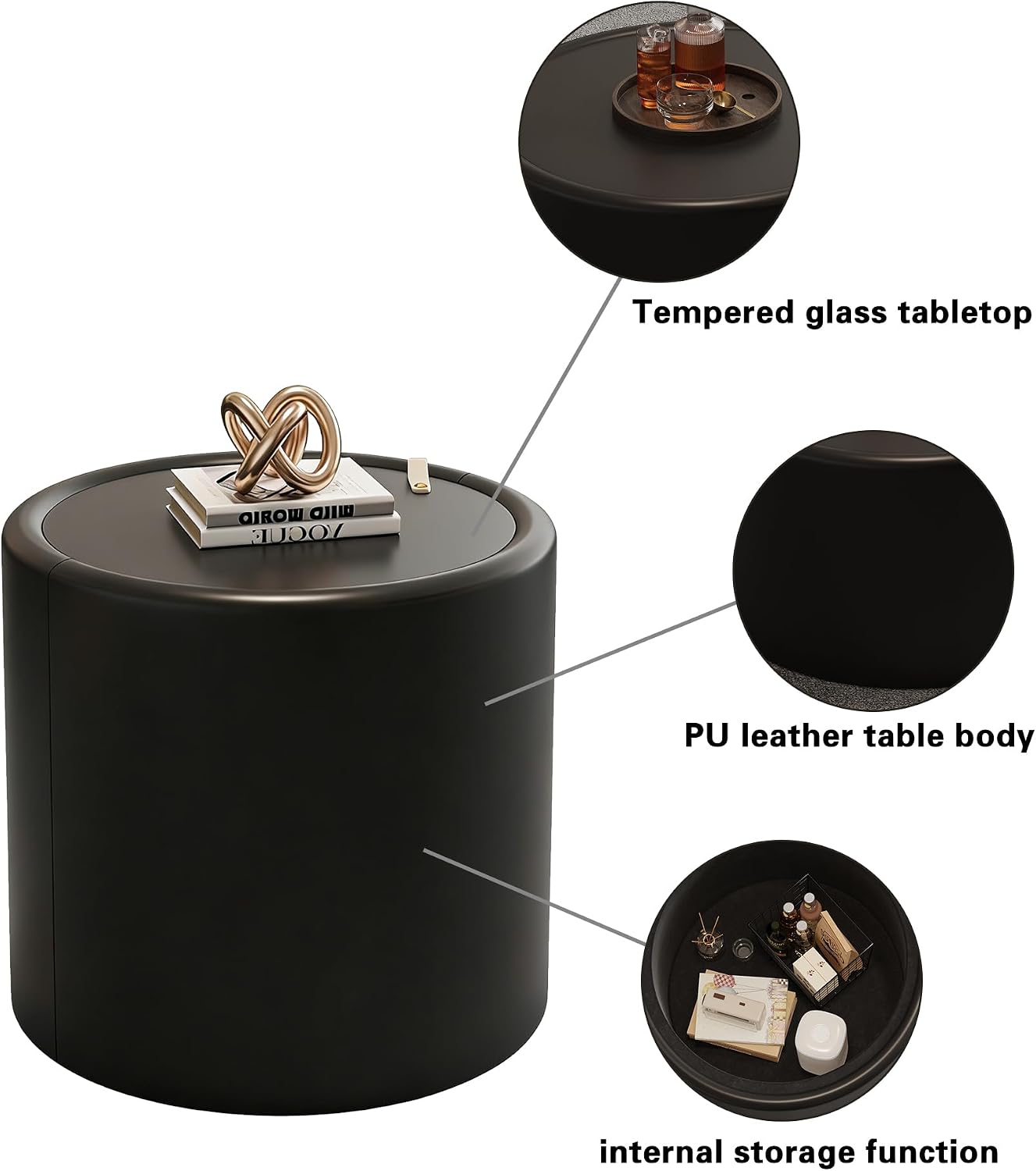 19.69' Black Round Coffee Table with Hidden Storage, Drum Coffee Table with Tempered Glass Top and PU Leather Body, Circle Cocktail Tea Table for Living Room, No Assemble