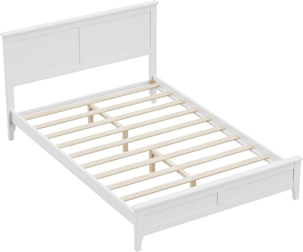 12 Inch Deluxe Full Size Bed Frame with Headboard, Mid Century Retro Style Brown Wood Platform Beds Frames, No Box Spring Needed, 13 Strong Wooden Slat Support, Easy Assembly (White, Full)