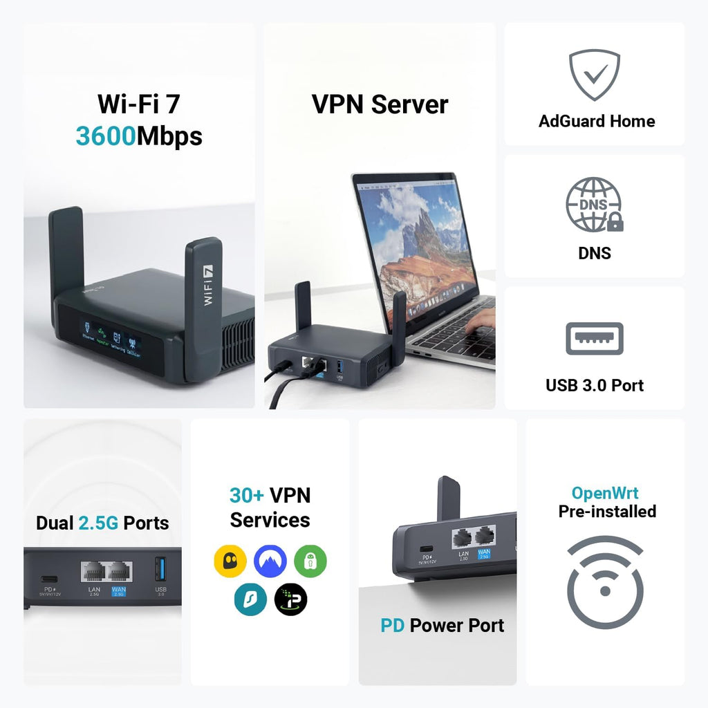 GL.iNet GL-BE6500 (Flint 3e) WiFi 7 Router & GL.iNet GL-BE3600 (Slate 7) Portable Travel Router