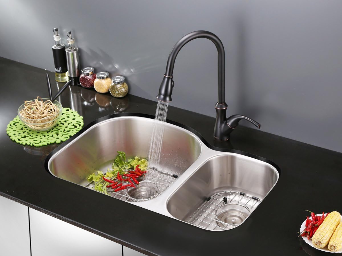 Ruvati 34-Inch Undermount Kitchen Sink – 60/40 Double Bowl Kitchen sink, 16 Gauge T-304 Stainless Steel Kitchen Sinks, Deep Basin Sink, Brushed Finish – RVM4600