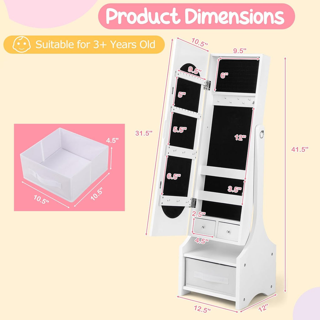 Costzon Kids Vanity & Jewelry Armoire Cabinet, Kids Vanity Table and Chair Set, Makeup Dressing Table, Standing Jewelry Organizer with Full-Length Mirror, Kids Bedroom Furniture Set for Girls (White)