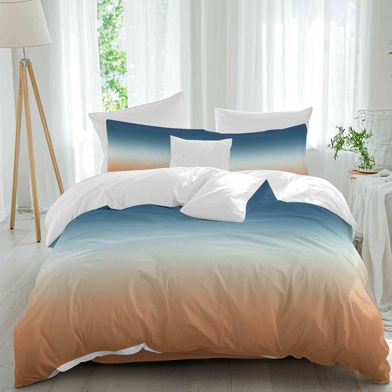 Prime Leader Gradient Blue Duvet Cover Set Queen Size 4 Pieces Modern Minimalist Orange Blue Ocean Beach Bedding Set with Zipper Closure, 1 Comforter Cover 86x86 Inches 1 Flat Sheet & 2 Pillow Cases