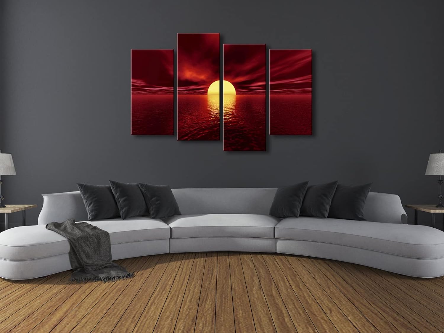 Wieco Art Large 4 Piece Red Sea Canvas Wall Art, Modern Sun Seascape Beach Canvas Prints, Stretched Ocean Landscape Artwork, Ready to Hang Wall Decor for Living Room Bedroom Home Office