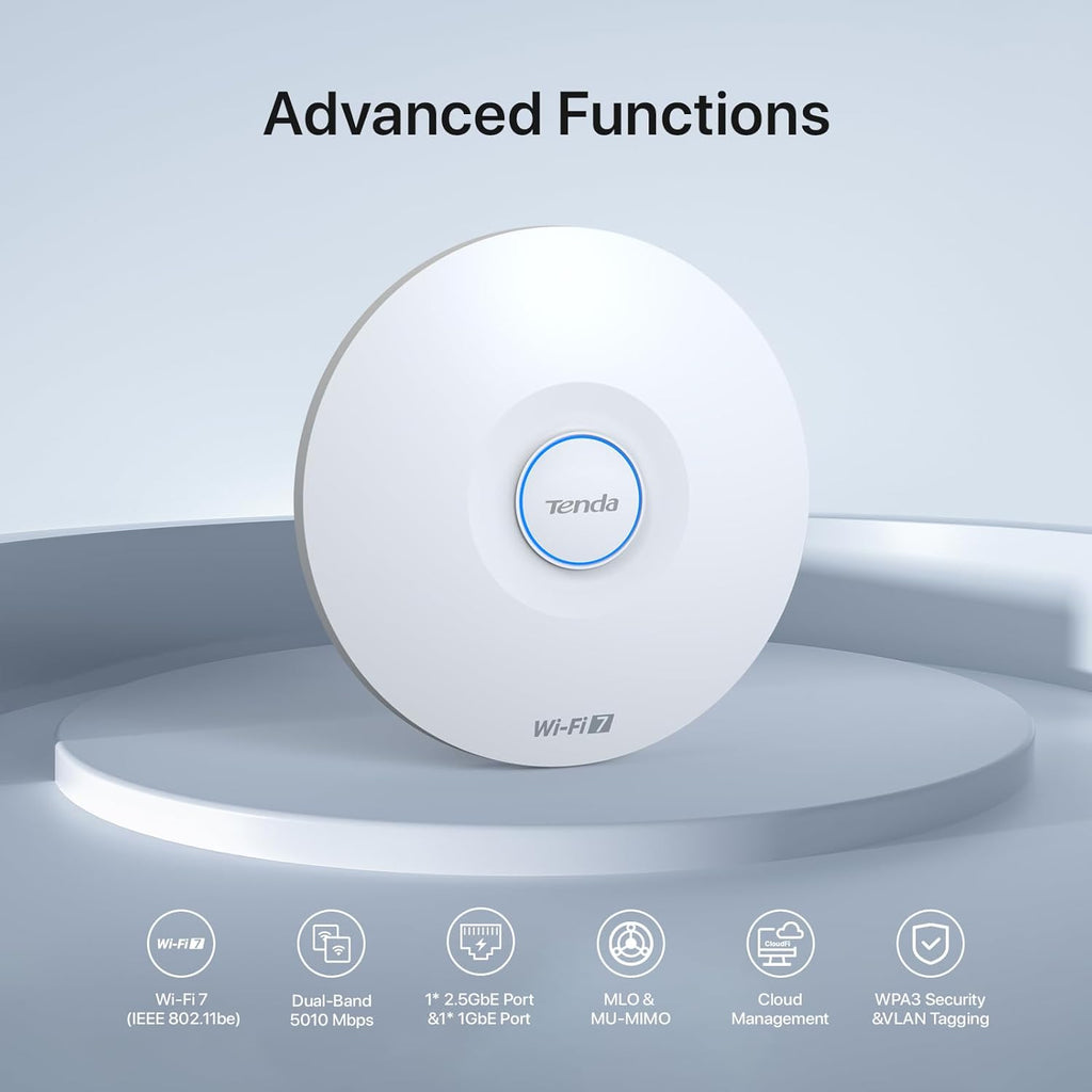 Tenda BE5010 WiFi 7 Wireless Access Point | Ceiling Mount Access Point for Future-Proof Business Network | 2.5G PoE+ Port | DC Adapter Included | Cloud Managed | WPA3 | VLAN | Seamless Roaming (i36)