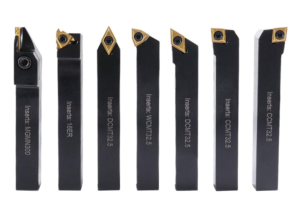 Accusize Industrial Tools 5/8' Shank 7-Piece Indexable Turning Tool Set with Extra Inserts, TiN-Coated C6 for Steel, 2387-2005PLUS