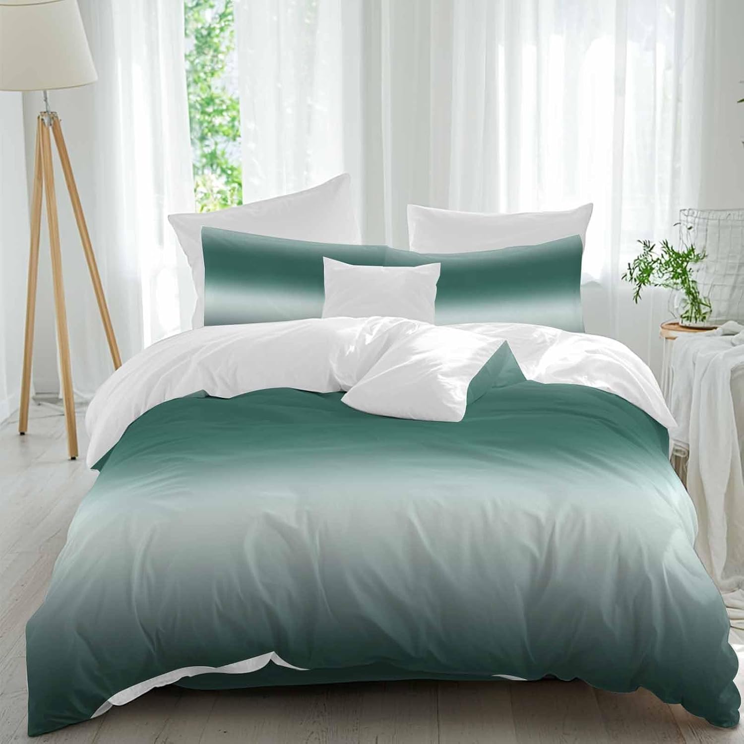 Prime Leader Gradient Green Duvet Cover Set Queen Size 4 Pieces Modern Minimalist Black Green Ocean Beach Bedding Set with Zipper Closure, 1 Comforter Cover 86x86 Inches 1 Flat Sheet & 2 Pillow Cases